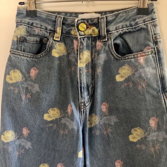 GANNI Floral Print Denim Core Magny Wide Straight Jeans Bleach Light Blue 25 - Picture 8 of 15